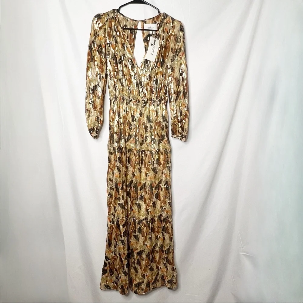 NWT BA&SH Gullian Multicolor Long Sleeve Open Back Silk-Blend Maxi Dress Sz XS - Picture 3 of 11